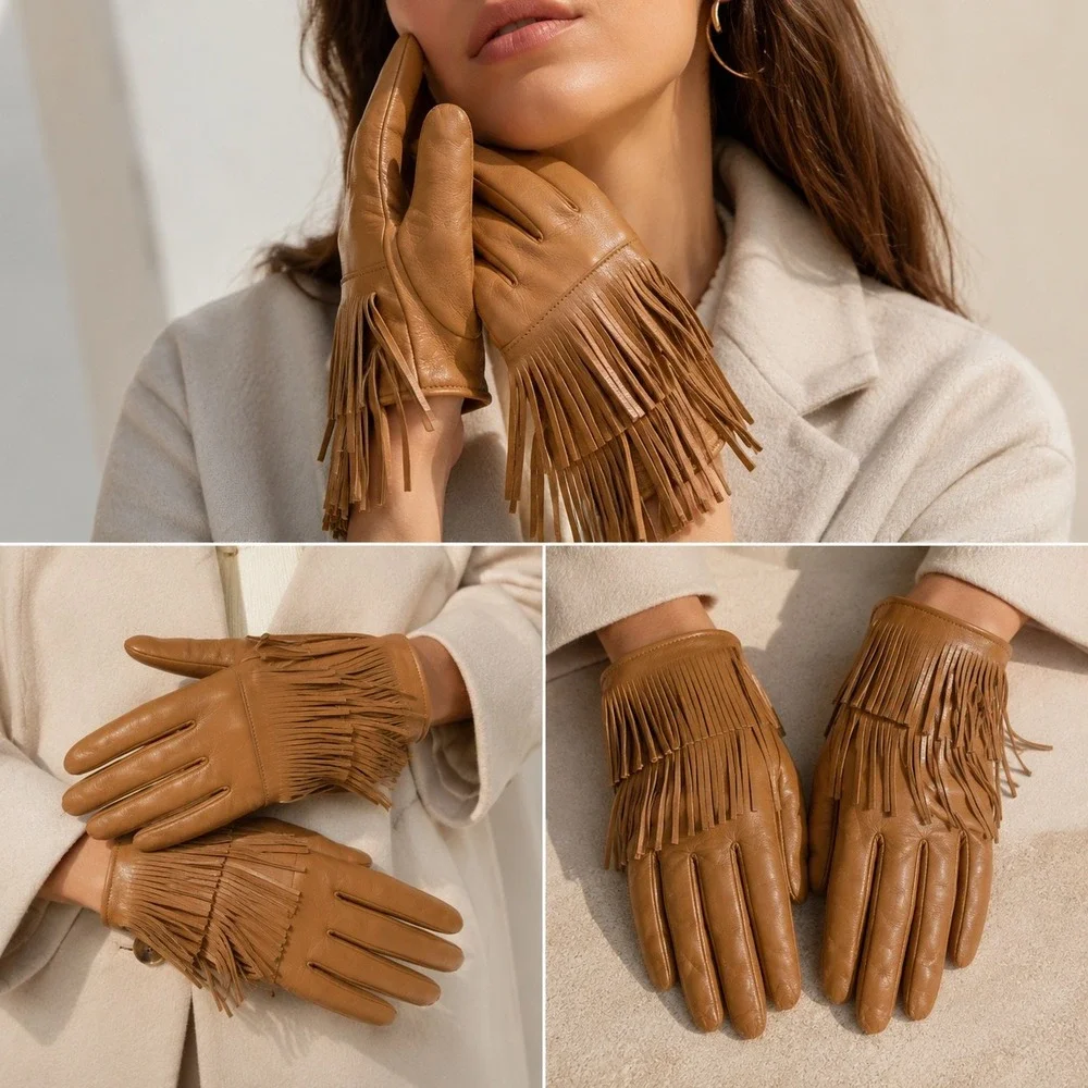 Bloomingdale's Italian Leather Fringe Gloves Camel Cashmere Lined SZ 6 NWT Boho